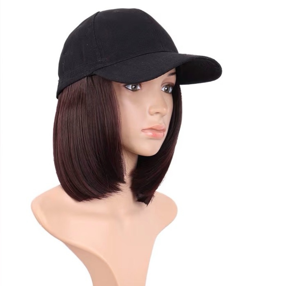 Short Straight Bob Wig Resistant Synthetic Hair Extension Baseball Hat Wig - Picture 2 of 6